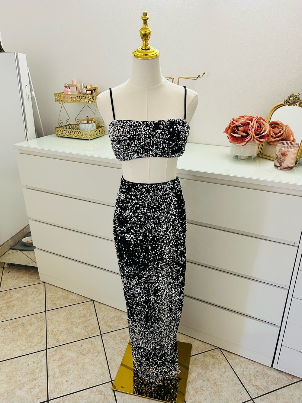 Showpo Black Sequin Maxi Skirt with Matching Crop Top